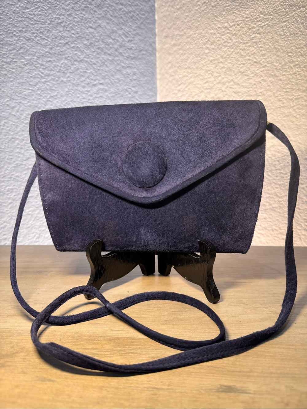 Vintage Rush Hour Navy Suede Crossbody Clutch Detachable Strap Gold Tone Purse